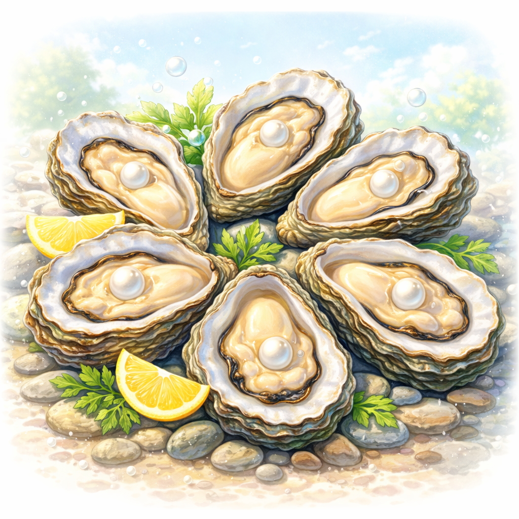Illustration showing a group of oysters (collective nouns for oysters)
